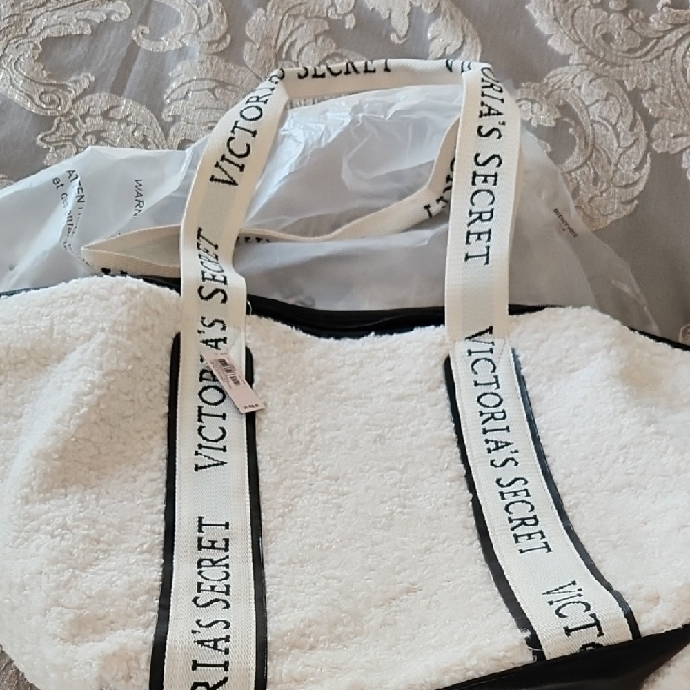 Victoria's Secret White Sherpa Tote with Black Trim and Logo Handles